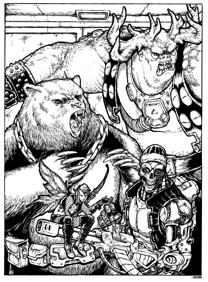 A black and white drawing of characters from the Sinless cyberpunk setting. There is a large bestial looking man with antlers and warts on his bulging arms, an uplifted bear roaring, a synth with a screwdriver working on his rifle arm, and a fae looking creature with wings, tall boots, and fishnets, sitting on the barrel of the synth's gun/arm.